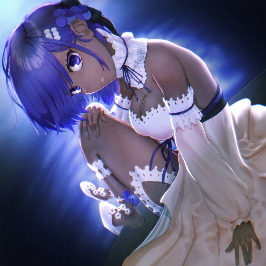 1girl absurdres bangs bare_shoulders breasts cleavage dark_skin dark_skinned_female detached_sleeves dress fate/grand_order fate/prototype fate/prototype:_fragments_of_blue_and_silver fate_(series) hassan_of_serenity_(fate) highres ichi_yoshida looking_at_viewer lostroom_outfit_(fate) medium_breasts purple_eyes purple_hair short_hair sidelocks smile white_dress
