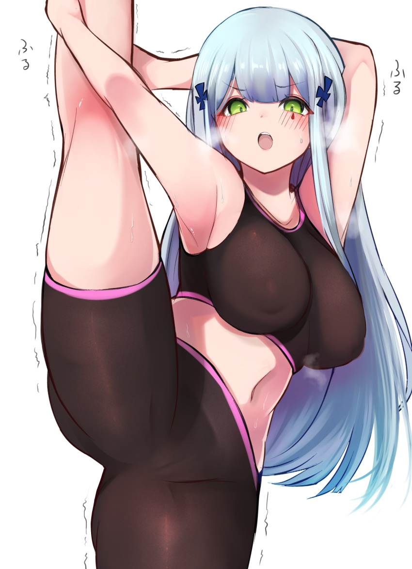 10eki_(tenchou) 1girl 416_day absurdres armpits bangs black_shorts black_sports_bra blunt_bangs blush breasts collarbone commentary covered_nipples cowboy_shot eyebrows_visible_through_hair facial_mark girls_frontline green_eyes hair_ornament highres hk416_(girls_frontline) large_breasts leg_lift leg_up light_blue_hair long_hair looking_at_viewer midriff navel open_mouth shorts simple_background solo split sports_bra standing standing_on_one_leg standing_split sweat teardrop white_background