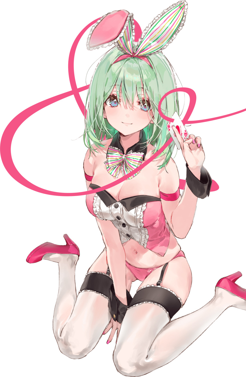 1girl absurdres animal_ears arm_strap ass_visible_through_thighs bare_shoulders between_legs blue_eyes bow bowtie breasts bunny_ears card cleavage crop_top detached_collar dsmile fake_animal_ears garter_straps green_hair hair_between_eyes hairband hand_up highres holding long_hair looking_at_viewer medium_breasts nail_polish navel no_bra no_pants original panties pink_footwear pink_panties playing_card revealing_clothes shoes sitting skindentation sleeveless smile solo stomach strapless thighhighs transparent_background underwear wariza white_legwear wrist_cuffs