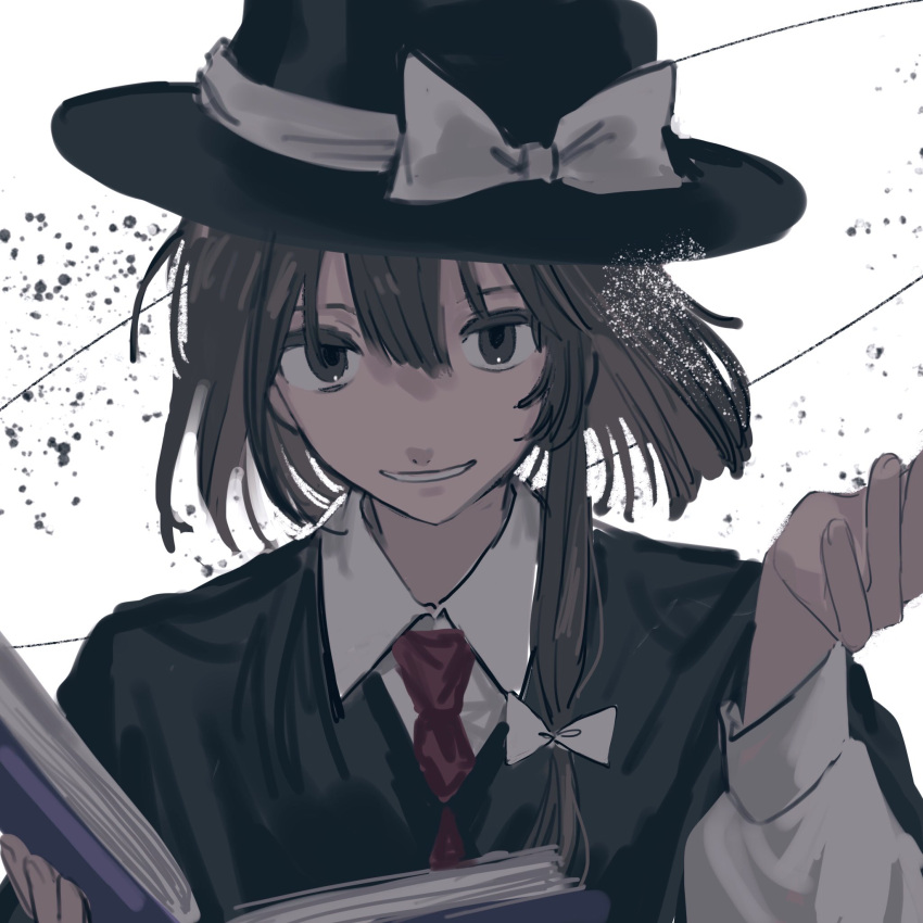 1girl bangs black_capelet book bow brown_hair capelet fedora gotagotay hair_bow hat hat_bow hat_ribbon highres holding holding_book long_sleeves looking_at_viewer medium_hair necktie open_book pages ribbon shirt smile solo touhou usami_renko white_bow white_shirt