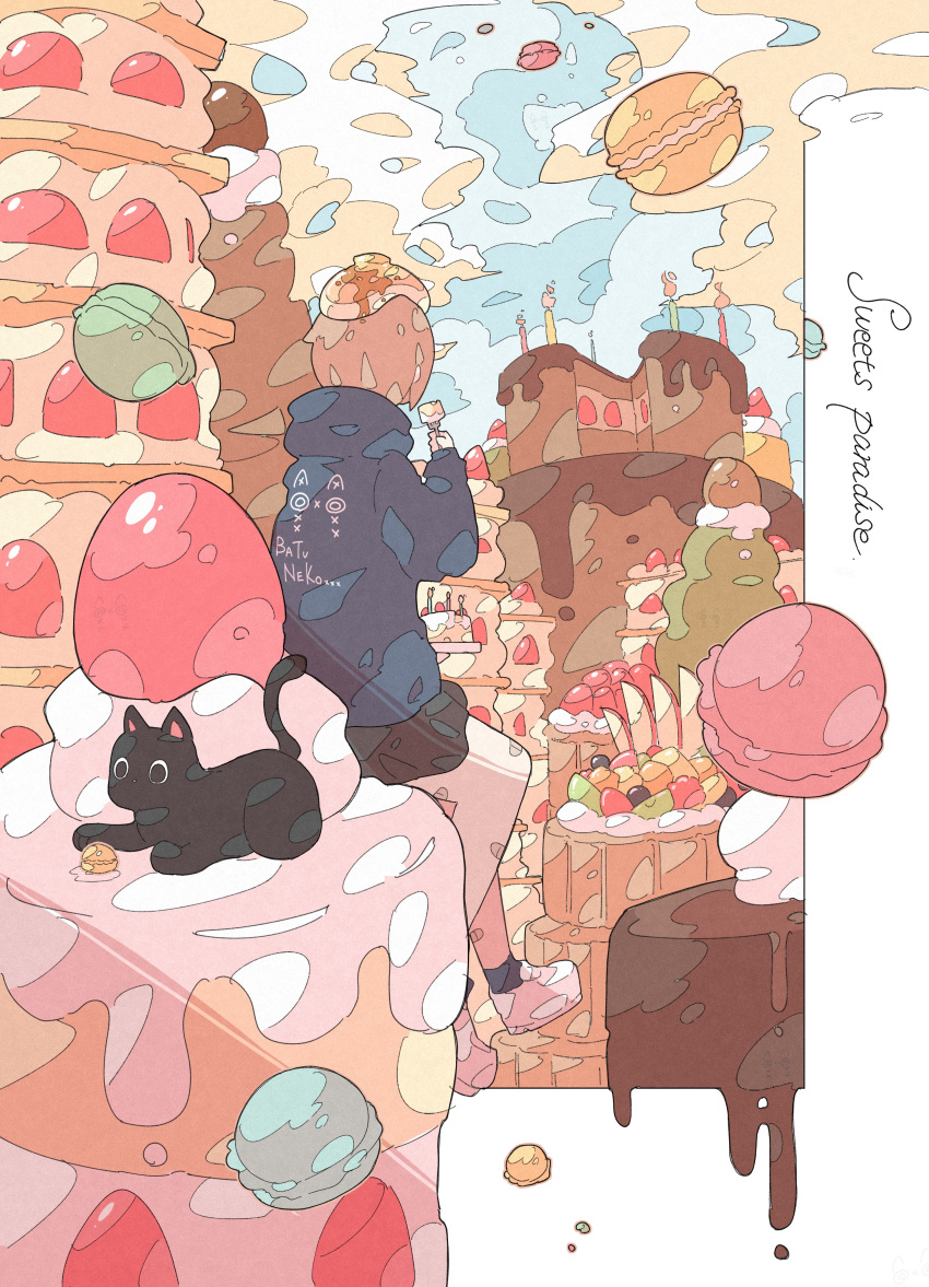 1girl absurdres bandaid bandaid_on_leg black_cat butter cake candle cat chocolate_cake food food_on_head from_behind fruit hand_up haru57928031 highres macaron object_on_head original pancake shoes sitting solo strawberry syrup white_footwear