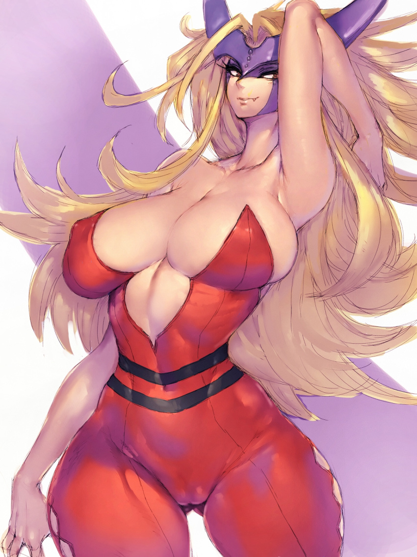 1girl blonde_hair breasts cameltoe cleavage curvy cutie_honey fang fumio_(rsqkr) highres large_breasts long_hair mask sister_jill smile solo very_long_hair wide_hips