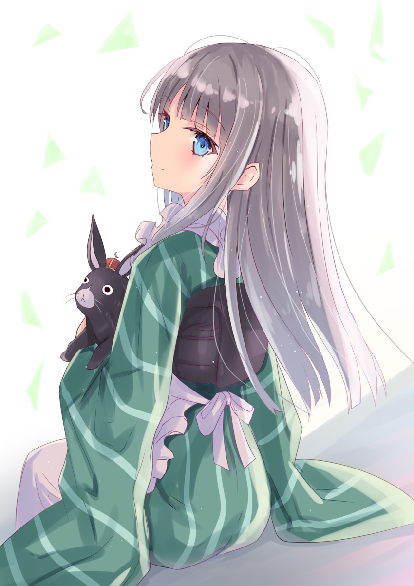 1girl alternate_hair_color ama_usa_an_uniform animal anko_(gochiusa) apron bangs blue_eyes blush bunny closed_mouth commentary_request crescent crown eyebrows_visible_through_hair frilled_apron frills from_behind gochuumon_wa_usagi_desu_ka? green_kimono grey_hair highres hizaka japanese_clothes kimono long_hair looking_at_viewer looking_back mini_crown obi sash sitting smile striped ujimatsu_chiya vertical-striped_kimono vertical_stripes very_long_hair white_apron white_background