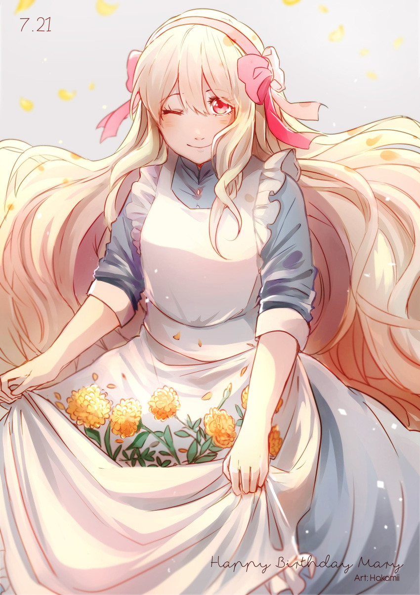 1girl absurdres apron apron_lift artist_name bangs blonde_hair blush bow dated dress flower green_dress grey_background hair_bow hakamii happy_birthday highres kagerou_project kozakura_marry long_hair looking_at_viewer maid_apron one_eye_closed orange_flower petals pink_bow red_eyes smile solo white_apron