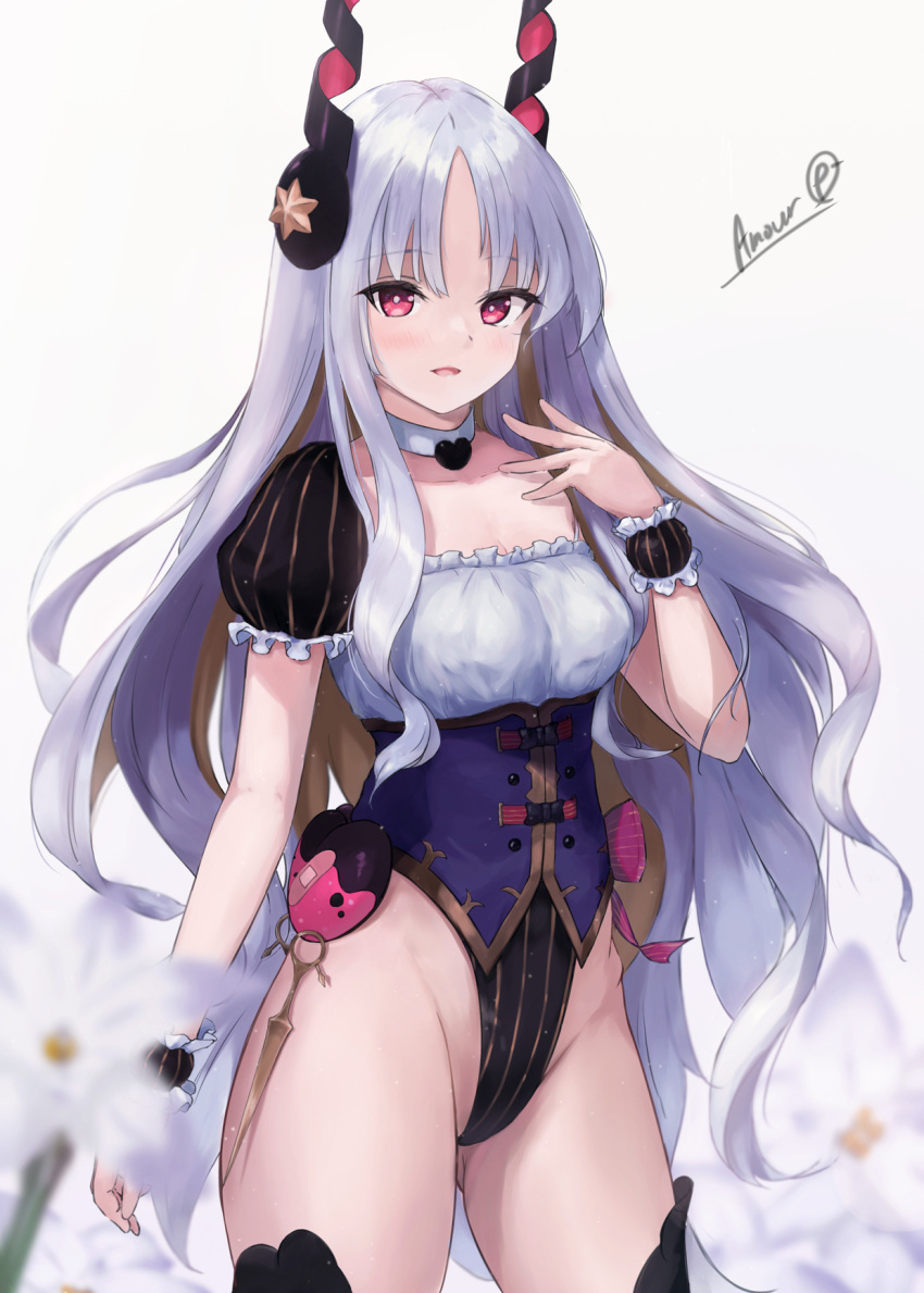 1girl angola-san bangs black_legwear blush bow breasts caren_hortensia caren_hortensia_(amor_caren) choker corset fate/grand_order fate_(series) frills hair_ornament highleg highleg_leotard highres leotard long_hair looking_at_viewer medium_breasts open_mouth pink_bow pink_eyes puffy_short_sleeves puffy_sleeves short_sleeves smile thighhighs thighs very_long_hair wavy_hair white_hair wrist_cuffs