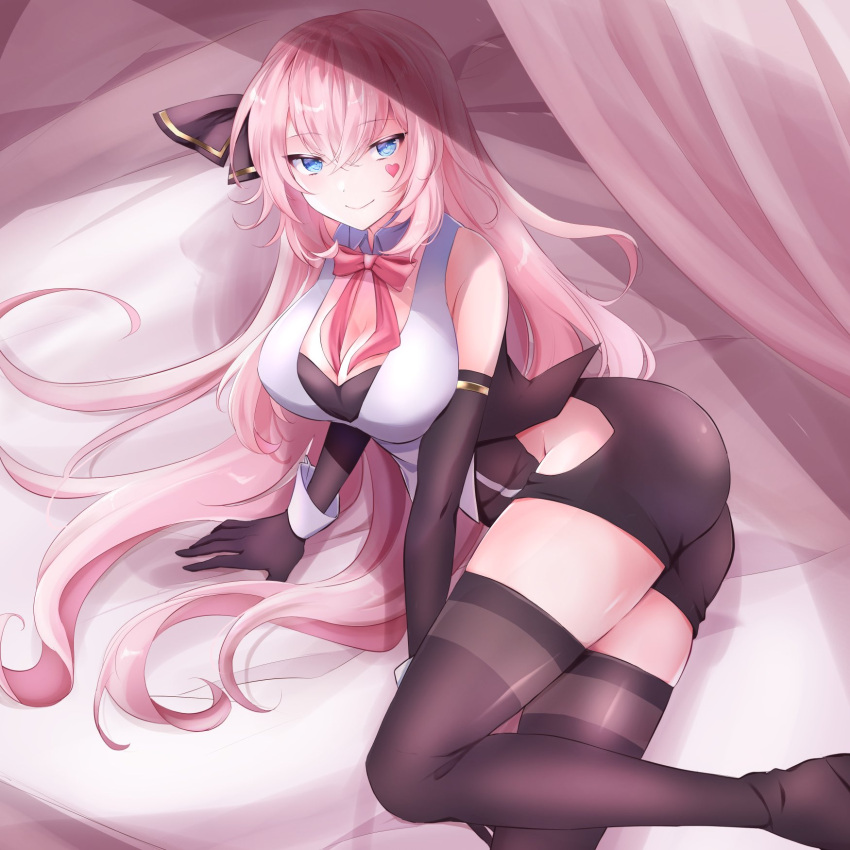 1girl :&gt; arm_support bed black_bow black_gloves black_legwear black_leotard blue_eyes bow breasts commentary elbow_gloves facial_tattoo feet_out_of_frame gloves hair_bow heart highres kkr_rkgk large_breasts leotard long_hair looking_at_viewer lying megurine_luka on_side pink_hair project_diva_(series) shirt smile solo tattoo temptation_(module) thick_thighs thighhighs thighs tsurime very_long_hair vocaloid white_shirt
