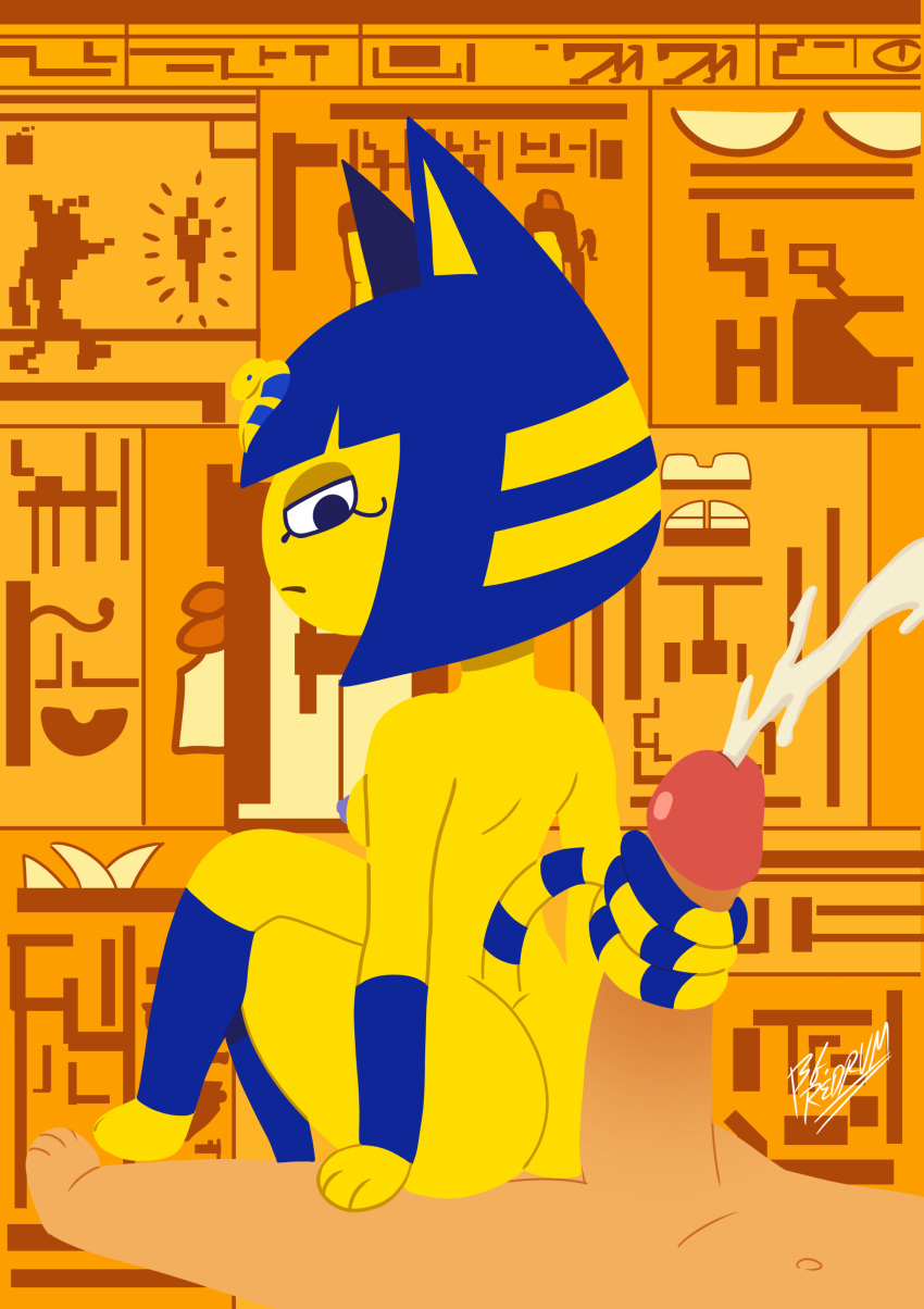 absurd_res animal_crossing ankha_(animal_crossing) anthro bgredrum blue_hair blue_nipples bodily_fluids cum domestic_cat ejaculation erection felid feline felis female fur genital_fluids hair hi_res hieroglyphics human looking_back male male/female mammal nintendo nipples on_lap sex short_hair shoulder_blades sitting sitting_on_lap striped_tail stripes tail_fetish tail_play tail_sex tailjob uraeus video_games yellow_body yellow_fur