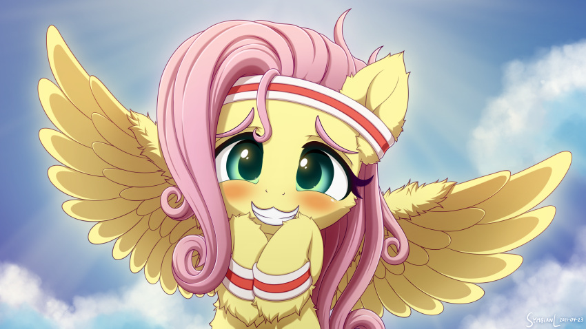 2021 absurd_res accessory blush digital_media_(artwork) equid equine eyelashes feathered_wings feathers female feral fluttershy_(mlp) friendship_is_magic fur grin hair hasbro headband hi_res long_hair looking_at_viewer mammal my_little_pony pegasus pink_hair smile solo spread_wings sweatband symbianl teal_eyes wings wristband yellow_body yellow_feathers yellow_fur