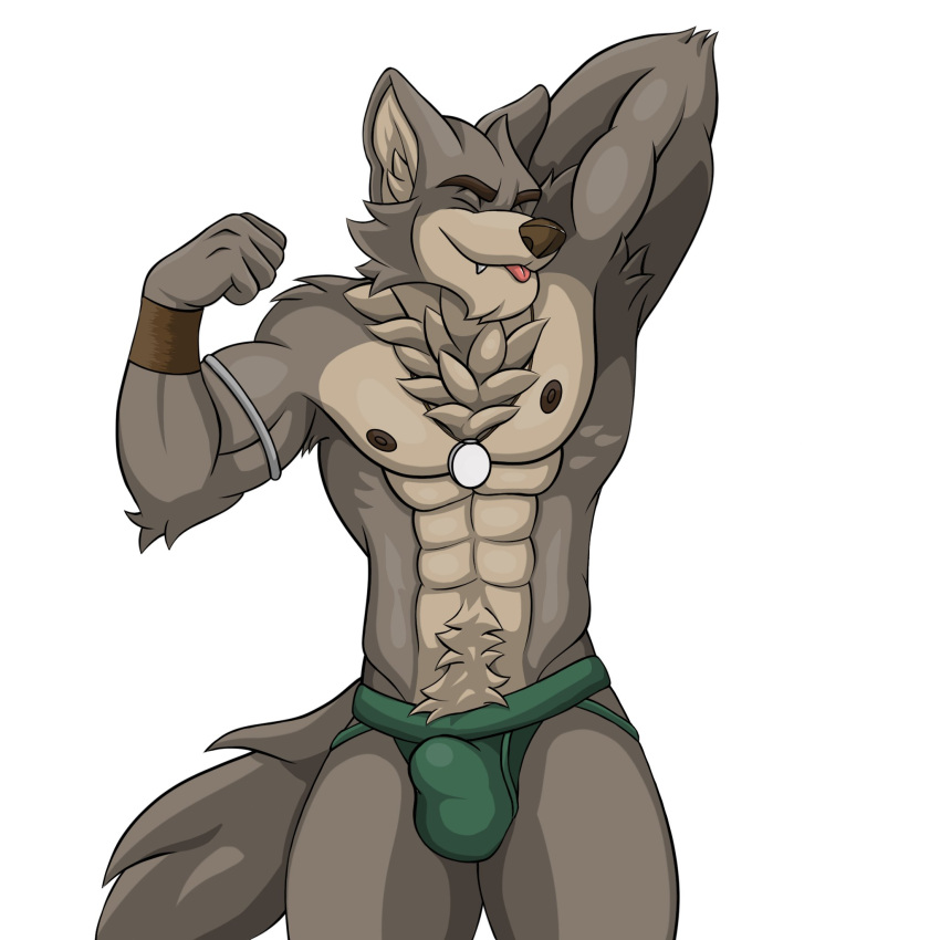 1:1 abs amulet anthro armpit_tuft athletic athletic_anthro athletic_male blep body_hair brown_body brown_fur bulge canid canine canis cheek_tuft chest_tuft clothed clothing eyes_closed facial_tuft fangs far_beyond_the_world_(series) flexing flexing_bicep fur genital_outline hand_behind_head happy_trail hi_res jockstrap male mammal multicolored_body multicolored_fur muscular muscular_anthro muscular_male nipples partially_clothed penis_outline quickk ranok_(far_beyond_the_world) sheath_outline solo tongue tongue_out topless topless_anthro topless_male tuft two_tone_body two_tone_fur underwear video_games visual_novel wolf