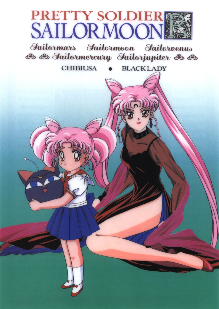 1990s_(style) 2girls absurdres bangs bishoujo_senshi_sailor_moon black_dress black_lady blue_skirt character_name chibi_usa copyright_name dress dual_persona earrings expressionless eyebrows_visible_through_hair facial_mark forehead_mark gradient gradient_background highres holding jewelry lipstick long_hair luna-p makeup miniskirt multiple_girls official_art pink_hair pleated_skirt red_eyes retro_artstyle scan school_uniform serafuku short_sleeves skirt standing twintails very_long_hair