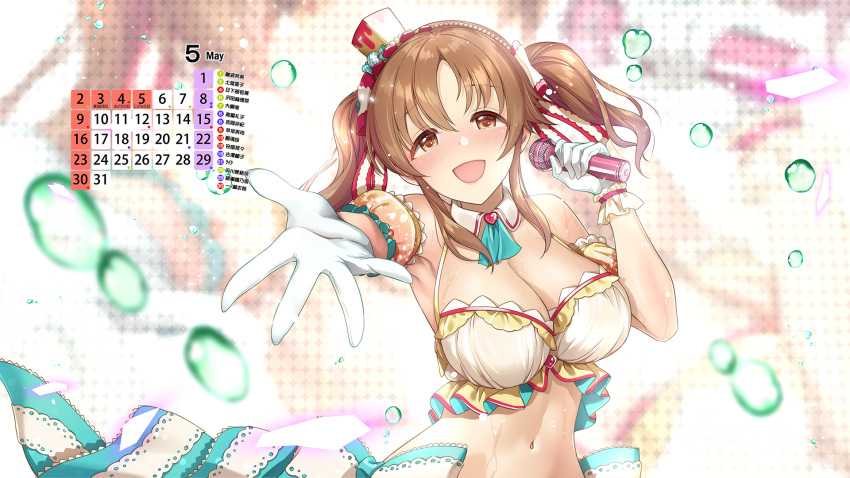 1girl :d bare_shoulders breasts brown_eyes brown_hair calendar_(medium) cleavage detached_collar detached_sleeves gloves heart heart_necklace highres holding holding_microphone idolmaster idolmaster_cinderella_girls idolmaster_cinderella_girls_starlight_stage large_breasts microphone mk_(mod0) navel open_mouth outstretched_arm smile sweat totoki_airi twintails white_gloves wing_collar wrist_cuffs