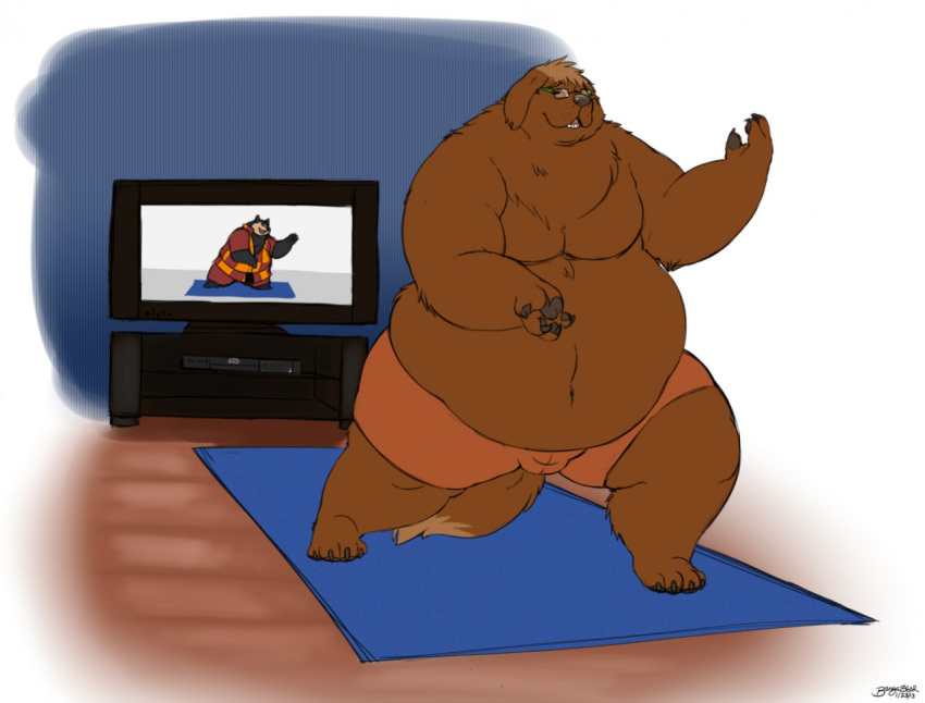 anthro bangabear bangabear_(character) belly big_belly bottomwear brown_body brown_fur brown_hair canid canine canis chubby_male claws clothing devin_d_parlett domestic_dog exercise exercise_mat eyewear fur glasses grey_claws grey_nose grey_pawpads hair livingroom male mammal molosser mountain_dog navel neck_fur neck_tuft newfoundland_dog orange_bottomwear orange_clothing orange_shorts overweight overweight_anthro overweight_male pawpads shorts solo tai_chi teeth television thick_arms thick_thighs tuft