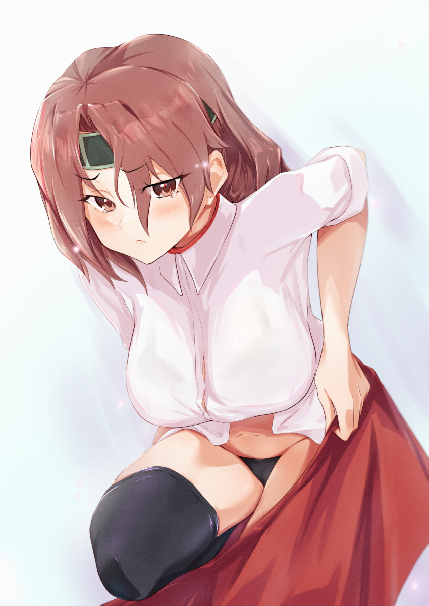 1girl bent_over black_panties blouse bra_through_clothes bralines breasts brown_eyes brown_hair chiyoda_(kancolle) dou_tanuki headband highres kantai_collection large_breasts looking_at_viewer medium_breasts panties red_skirt see-through simple_background skirt skirt_hold thighhighs underwear white_blouse