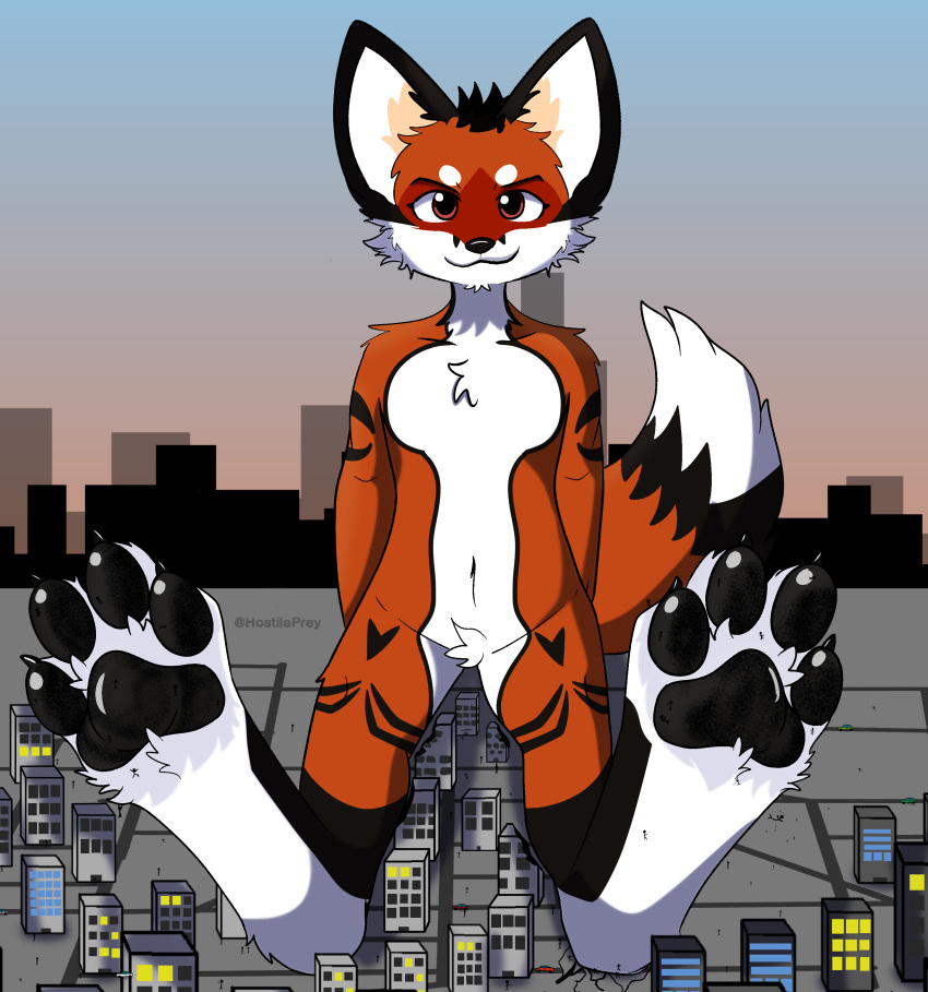 4_toes absurd_res anthro barefoot black_claws black_hair black_pawpads building canid canine city claws crush destruction domination duo feet flattened foot_focus fox fur fur_markings hair hi_res hindpaw larger_anthro macro male mammal markings micro pawpads paws rampage red_body red_fur redrick_(erickredfox) road sitting size_difference size_play smiling_at_viewer stomping stuck_to_feet toes unknown_artist vehicle