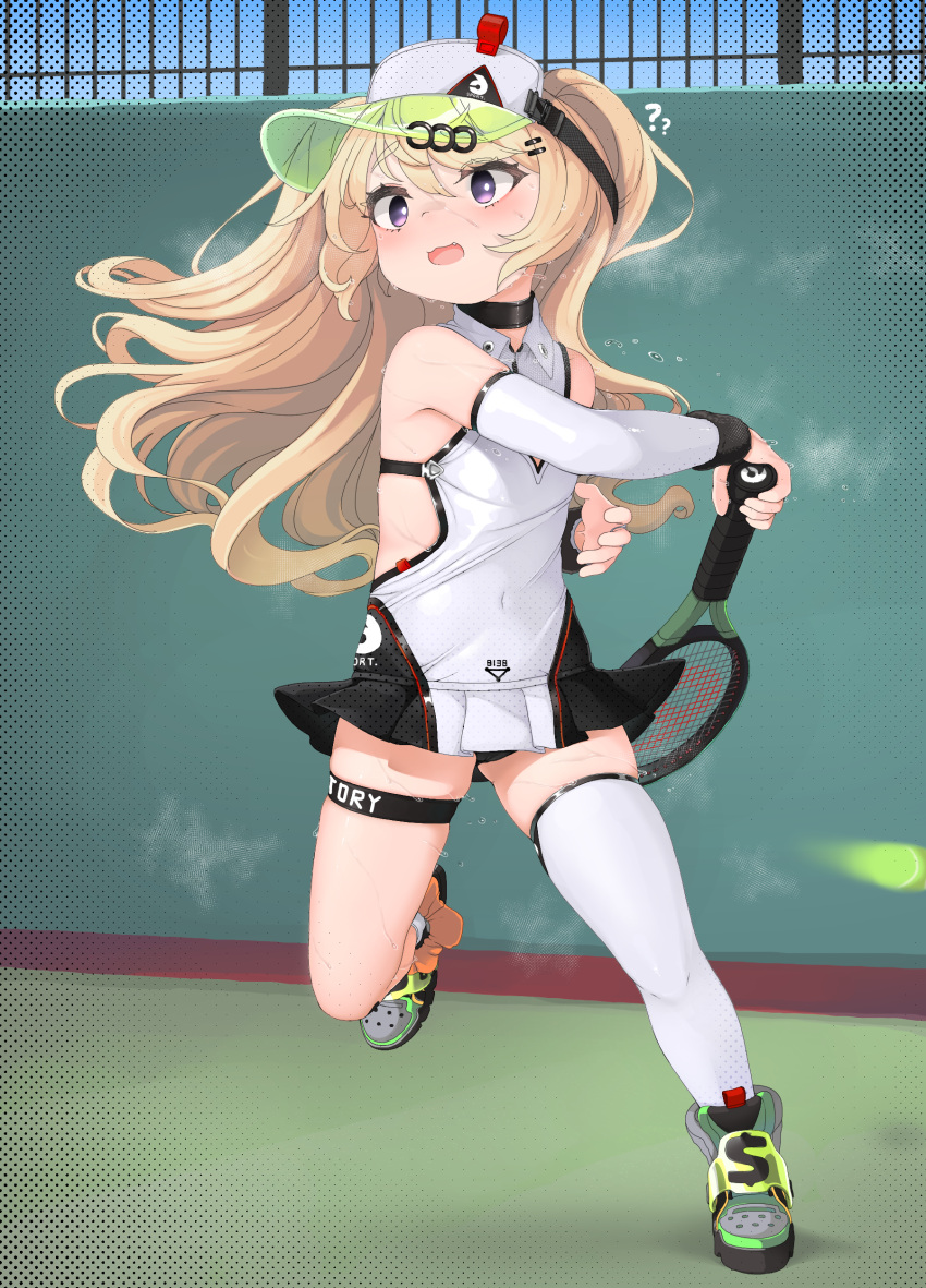 1girl ? ?? absurdres asymmetrical_legwear azur_lane bache_(azur_lane) bache_(showy_sports_star)_(azur_lane) ball bangs black_panties blurry choker commentary covered_navel depth_of_field detached_sleeves dove_pixie eyebrows_visible_through_hair highres holding holding_racket light_brown_hair long_hair looking_away looking_up mismatched_legwear panties pantyshot pleated_skirt ponytail purple_eyes racket shoes sidelocks skirt sneakers solo sportswear standing standing_on_one_leg steam tennis tennis_ball tennis_court tennis_racket tennis_uniform thick_eyebrows underwear visible_air visor_cap