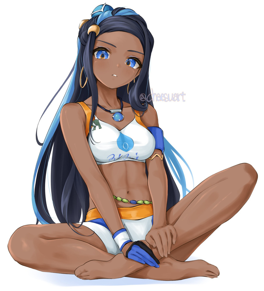 1girl armlet banned_artist bare_arms bare_legs bare_shoulders barefoot bike_shorts black_hair blue_eyes blue_hair blush breasts chaesu collarbone dark_skin dark_skinned_female earrings forehead full_body gloves gym_leader hair_bun highres hoop_earrings indian_style jewelry long_hair looking_at_viewer medium_breasts multicolored_hair necklace nessa_(pokemon) parted_lips partially_fingerless_gloves pokemon pokemon_(game) pokemon_swsh simple_background single_glove sitting solo sports_bra sweatband twitter_username two-tone_gloves two-tone_hair very_long_hair white_background