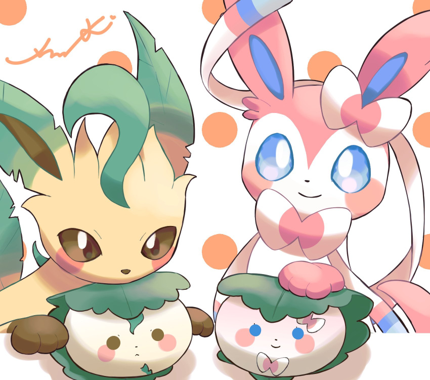 blue_eyes brown_eyes closed_mouth commentary_request gen_4_pokemon gen_6_pokemon highres leafeon looking_at_viewer no_humans paws pokemon pokemon_(creature) polka_dot polka_dot_background smile surumeika_(ninfiiiir) sylveon toes white_background