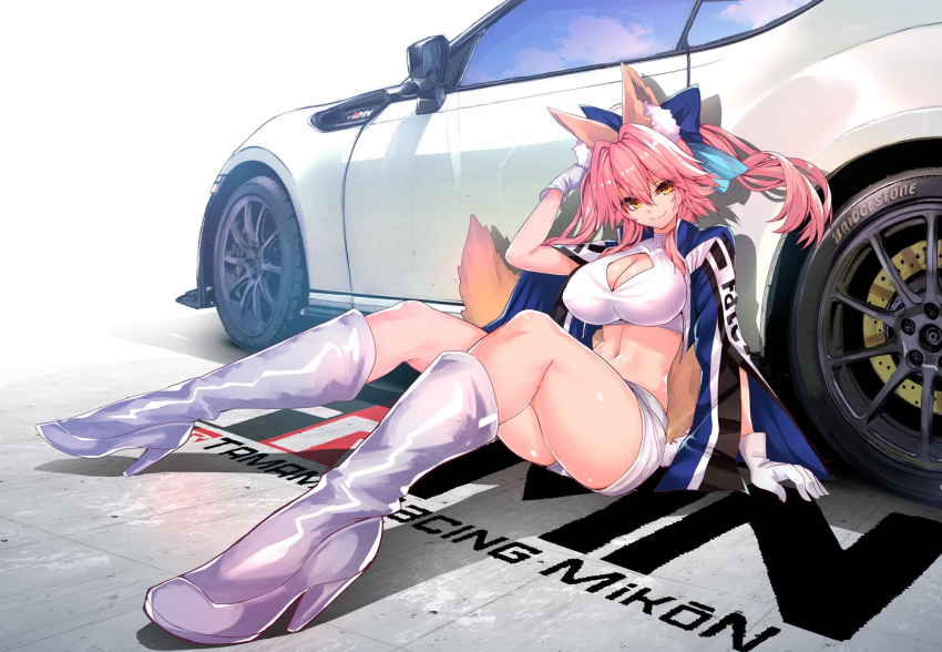 1girl animal_ear_fluff animal_ears bangs blue_bow blue_jacket blush boots bow breasts car cleavage closed_mouth fate/extra fate_(series) fox_ears fox_girl fox_tail gloves ground_vehicle hair_bow high_heel_boots high_heels highres jacket jacket_on_shoulders large_breasts legs long_hair long_sleeves looking_at_viewer motor_vehicle navel open_clothes open_jacket pink_hair race_queen short_shorts shorts sidelocks sitting smile tail tamamo_(fate)_(all) tamamo_no_mae_(fate) twintails white_footwear white_gloves white_shorts wisespeak yellow_eyes