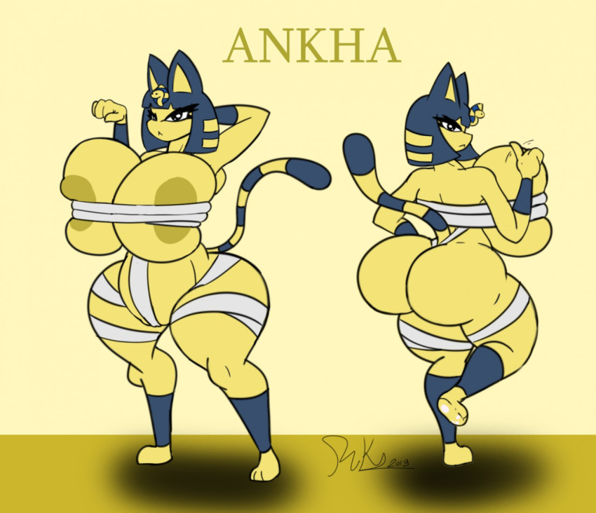 3_toes 4_fingers animal_crossing ankha_(animal_crossing) anthro areola bandage big_breasts big_butt blue_hair breasts butt convenient_censorship domestic_cat egyptian english_text feet felid feline felis female finger_wag fingers fur gesture hair half-closed_eyes huge_breasts huge_butt huge_hips huge_thighs hyper hyper_breasts hyper_butt hyper_thighs looking_at_viewer looking_back mammal narrowed_eyes nintendo pawpads pointing raised_leg riku9797 shadow signature simple_background solo standing text thick_thighs toes uraeus video_games wagging_finger wide_hips yellow_body yellow_fur