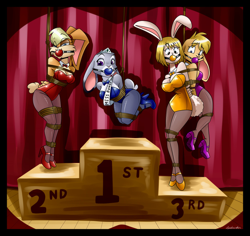 absurd_res activision anthro award_ceremony ball_gag bdsm bedroom_eyes bianca_(spyro) black_border bondage border bound bow_tie bunny_costume carrot_(one_piece) clothing costume crown disney english_text female gag group hi_res high_heels judy_hopps lagomorph leporid lola_bunny looking_at_viewer looney_tunes mammal narrowed_eyes one_piece rabbit rope rope_bondage sash seductive spiderweber spyro_the_dragon stage suspension text tiara video_games warner_brothers zootopia