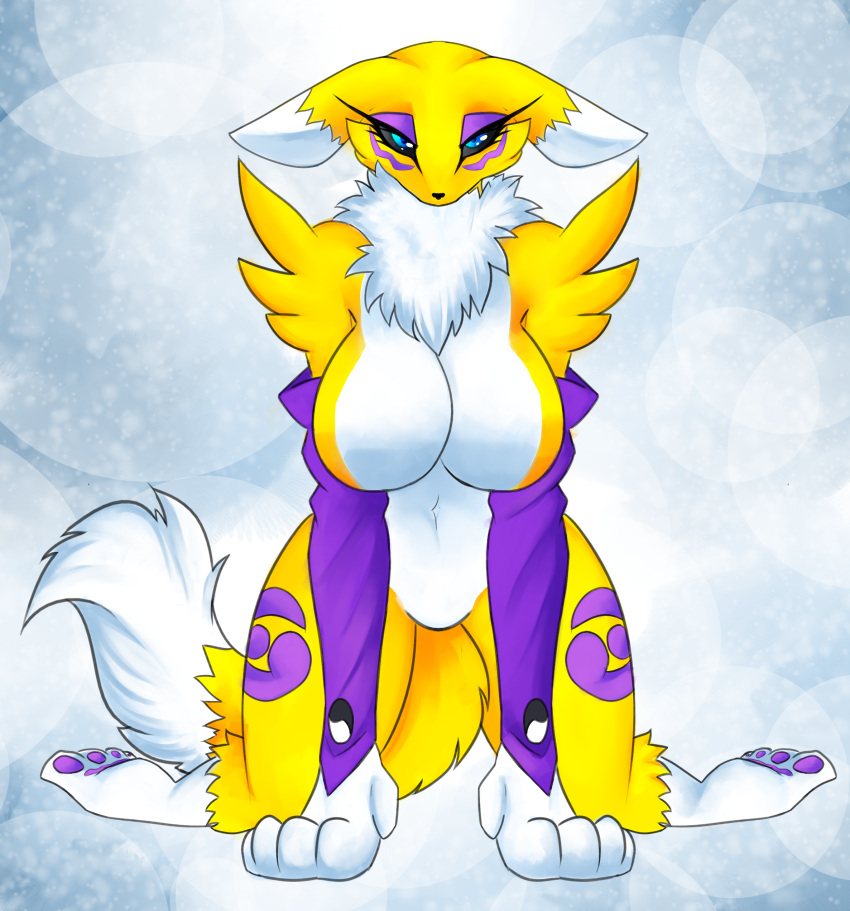 absurd_res anthro big_breasts breasts canid canine cassielink digimon digimon_(species) digimon_adventure digital_media_(artwork) digital_painting_(artwork) fanartfox featureless_breasts featureless_crotch female hi_res illustration invalid_tag mammal navel pawpads paws renamon renamonpaws solo