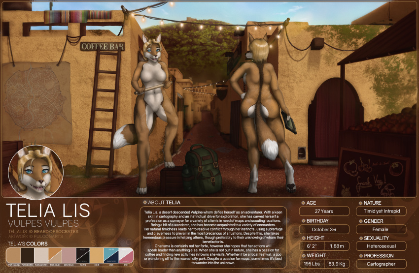 absurd_res annotated anthro backpack blue_eyes breasts butt canid canine desert english_text female fox fulconarts fur genitals hi_res light lighting mammal map model_sheet nipples pussy sand_fur solo telia_(beard_of_socrates) text vendor white_body white_fur