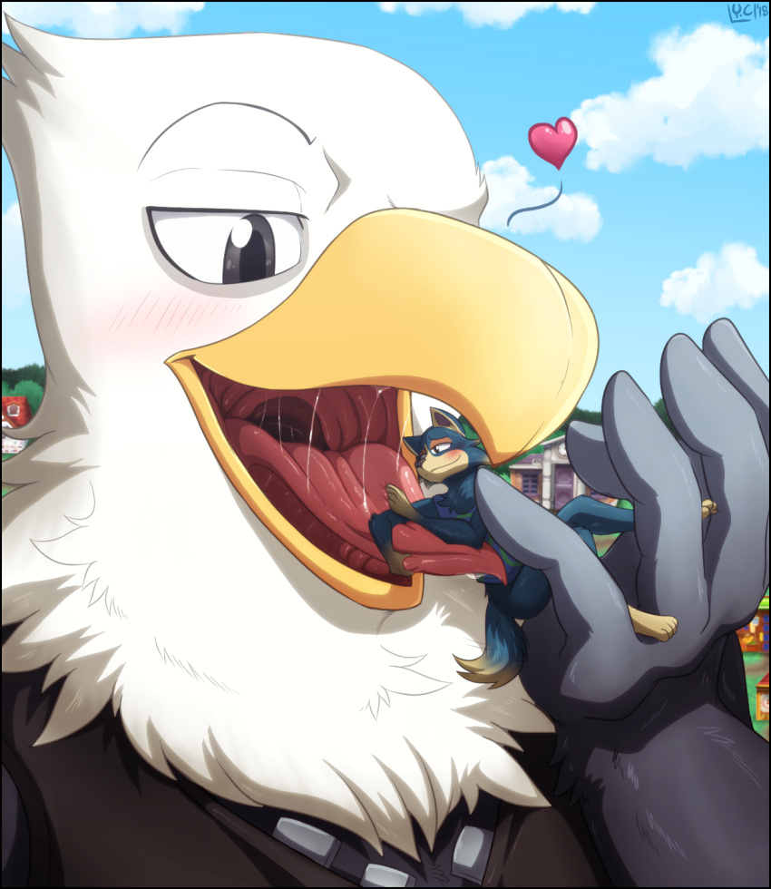 &lt;3 2018 4_toes 5_fingers accipitrid accipitriform animal_crossing anthro anthro_pred anthro_prey apollo_(animal_crossing) avian bald_eagle beak bird blue_body blue_fur blush bodily_fluids bottomless canid canine canis clothed clothing day detailed_background digital_media_(artwork) duo eagle feathers feet fingers fur grey_body grey_eyes grey_feathers hi_res incredibleediblecalico male male_pred male_prey mammal mouth_shot multicolored_body multicolored_feathers multicolored_fur nintendo open_beak open_mouth open_smile oral_vore outside pink_tongue saliva sea_eagle signature size_difference sky smile soft_vore tan_body tan_fur toes tongue tongue_out topwear vest video_games vore white_body white_feathers willing_vore wolf wolfgang_(animal_crossing) yellow_beak