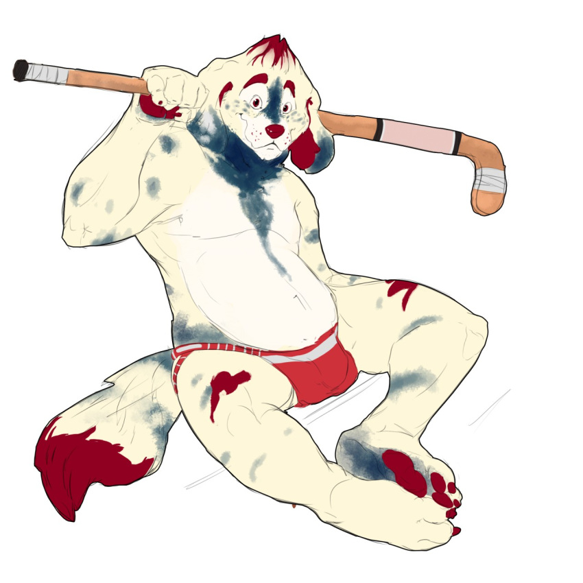 1:1 anthro bleu_cheese bleuliner buffalo_sauce buffalo_wing canid canine canis claws clothing colored digital_media_(artwork) domestic_dog eyebrows hi_res hockey_stick jockstrap male mammal markings_(fur) molosser mountain_dog newfoundland_dog pawpads raised_eyebrows red_cheekdots red_claws red_eyebrows red_eyes red_hair_tips red_inner_ear red_nose red_pawpads red_tail_tip rumash simple_background smile solo underwear white_background