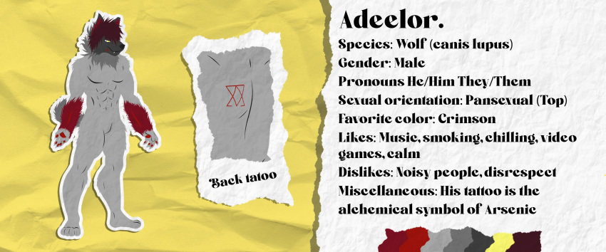 adeelor adsomesauce canid canine canis english_text fur grey_body grey_fur hair hi_res male mammal model_sheet muscular muscular_male red_body red_fur red_hair solo solo_focus tattoo tattoo_on_back text wolf yellow_eyes