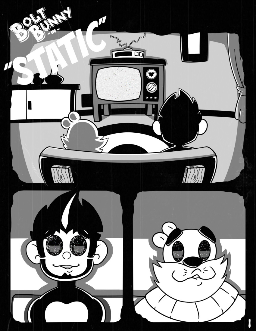 2021 antenna_wire anthro bite biting_lip black_body black_fur blank_stare capuchin_monkey carpet cebid clothing comic cover cover_art cover_page cupboard curtains duo empty_eyes english_text fur furniture golly_gopher gopher haplorhine hi_res male male/male mammal monkey monkeymuku monochrome muku_(monkeymuku) multicolored_body multicolored_fur new_world_monkey primate rodent sofa spiked_hair static sweater television television_set text topwear two_tone_body two_tone_fur vase watching_tv window
