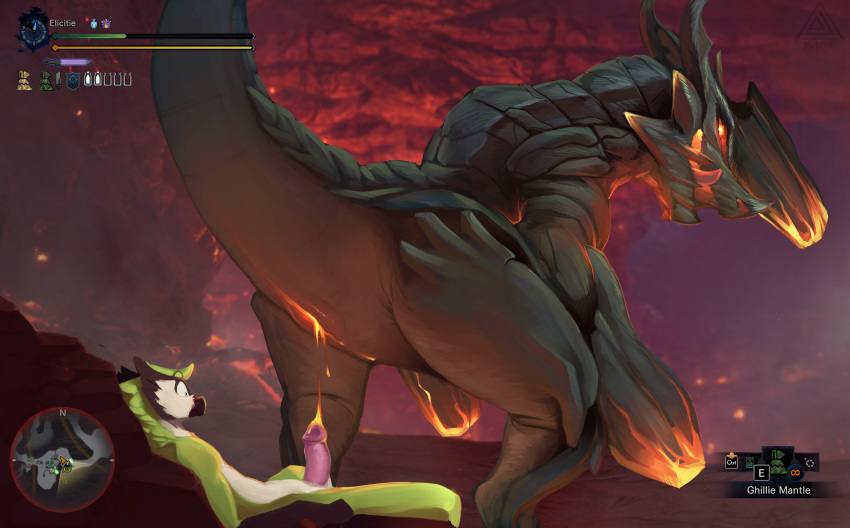 absurd_res anthro anthro_on_feral avian bestiality biped bird bodily_fluids brachydios brute_wyvern capcom colored digital_media_(artwork) duo elicitie ellie_(elicitie) erection feathers female female_on_anthro feral gameplay_mechanics genital_fluids genitals health_bar hi_res horn imminent_sex interspecies larger_female larger_feral light lighting looking_at_another looking_at_genitalia looking_at_penis looking_at_self looking_back lying male male/female male_on_feral monster_hunter nude on_back penis presenting pussy pussy_juice raging_brachydios red_eyes scales scalie shaded size_difference smaller_anthro smaller_male standing video_games wide_eyed