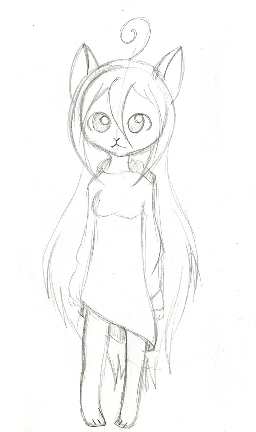 ahoge cat_mouth clothing domestic_cat dress felid feline felis female hair hi_res long_hair looking_at_viewer mammal selina sketch traditional_media_(artwork)