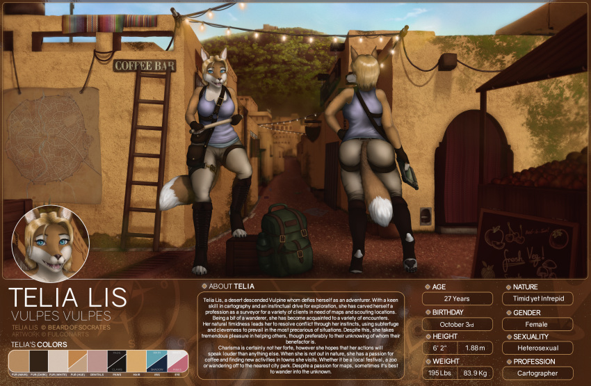 absurd_res annotated anthro backpack big_butt blue_eyes butt canid canine clothed clothing desert detailed_background english_text female fox fulconarts fur hi_res light lighting mammal map model_sheet open_toe_footwear sand_fur solo telia_(beard_of_socrates) text vendor white_body white_fur