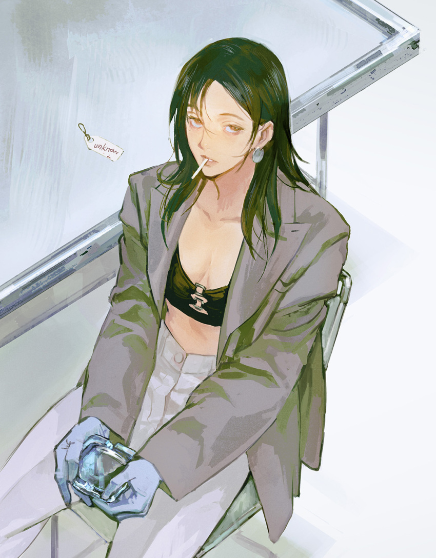 1girl alternate_costume ashtray breasts brown_eyes brown_hair cigarette cleavage coat collarbone earrings feet_out_of_frame gloves half-closed_eyes highres holding huangdanlan ieiri_shoko jewelry jujutsu_kaisen latex latex_gloves long_hair long_sleeves looking_at_viewer midriff mole mole_under_eye mortar pants parted_lips solo strapless table tag tubetop white_pants