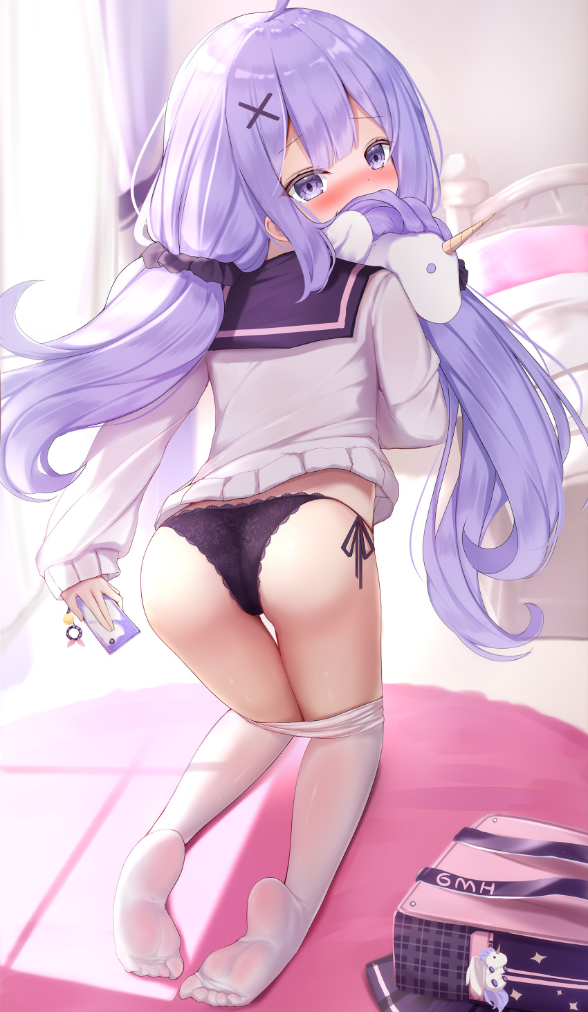 1girl absurdres ahoge ass azur_lane bag bangs bed bed_sheet bedroom black_panties blunt_bangs blurry blush cellphone clothes_pull commentary_request covering_mouth dappled_sunlight depth_of_field doll_hug eyebrows_visible_through_hair eyes_visible_through_hair from_behind hair_ornament hair_tubes highres holding holding_phone irokari long_hair looking_at_viewer looking_back low_twintails no_shoes on_bed panties pantyhose pantyhose_pull phone purple_eyes purple_hair school_bag school_uniform selfie serafuku side-tie_panties sidelocks skirt skirt_removed smartphone soles solo stuffed_animal stuffed_toy stuffed_winged_unicorn sunlight taking_picture twintails underwear unicorn_(amusement_park_date)_(azur_lane) unicorn_(azur_lane) white_legwear window x_hair_ornament