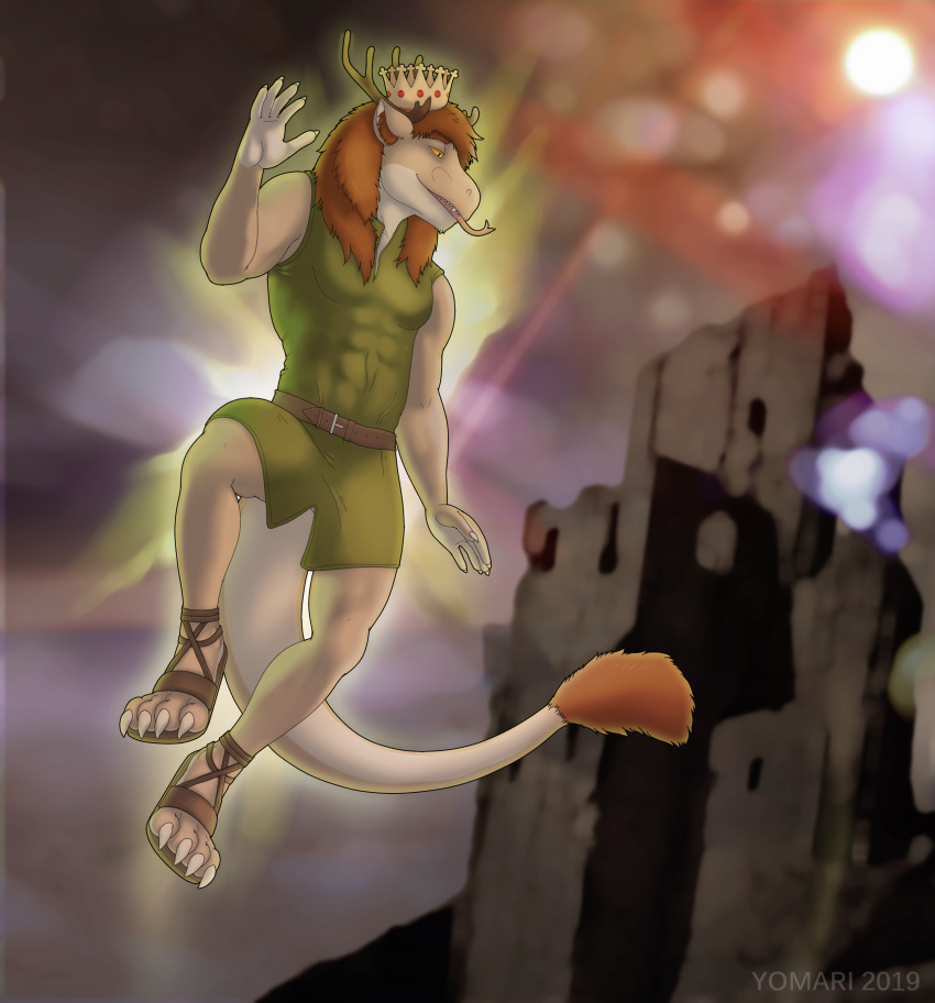 absurd_res anthro antlers caligae castle crown dragon flying forked_tongue hi_res horn magic magic_user male mana mane medieval muscular muscular_male portrait prince prince_borgon royalty ruins sky solo spell story story_in_description tail_tuft tongue tongue_out tuft yomari