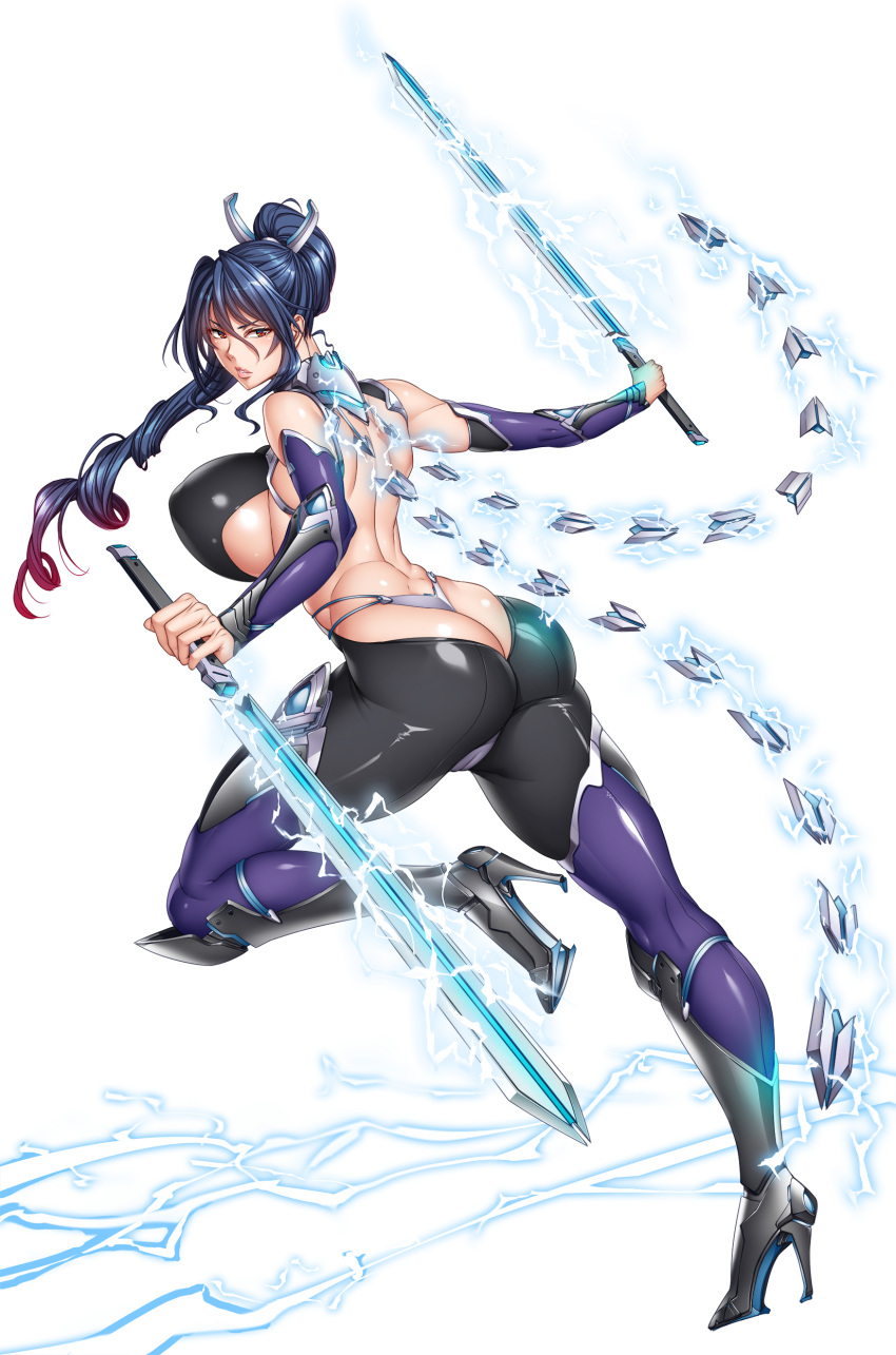 1girl absurdres ass bare_shoulders blue_hair blush bodysuit boots bouncing_breasts breasts cameltoe curvy electricity fei_(maidoll) full_body high_ponytail highleg highleg_leotard highres holding holding_sword holding_weapon jumping large_breasts leotard lilith-soft lips long_hair looking_to_the_side ponytail shiny shiny_hair shiny_skin simple_background sword taimanin_rpgx uehara_rin very_long_hair weapon white_background