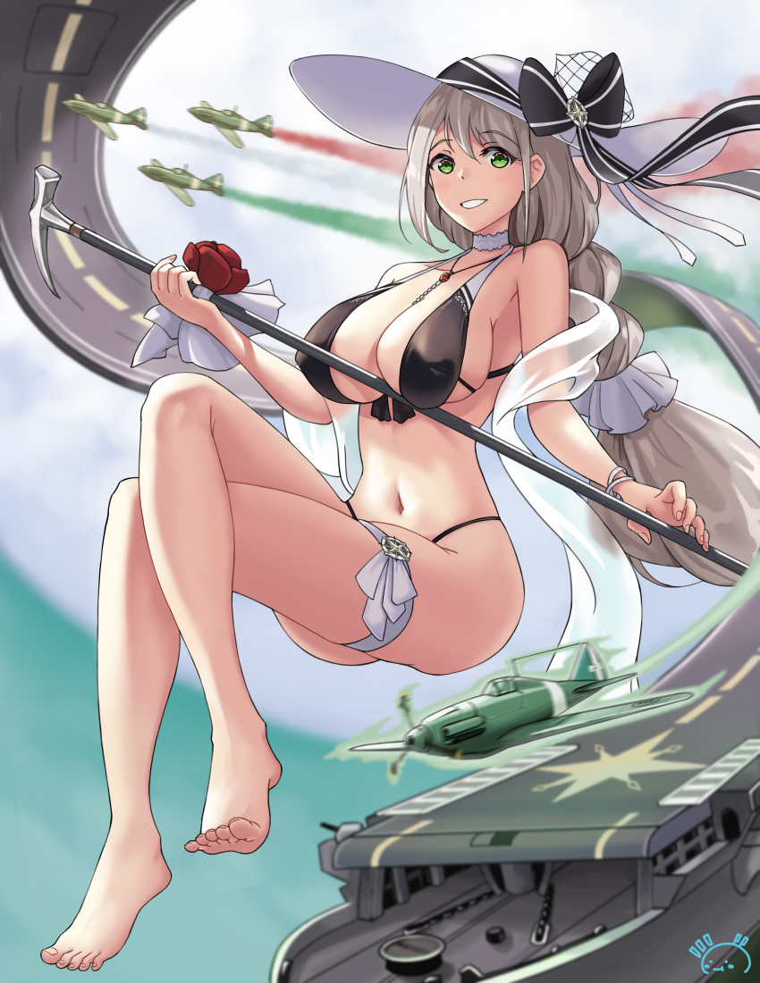 1girl :d absurdres aircraft aircraft_carrier aquila_(aircraft_carrier) aquila_(azur_lane) aquila_(sardegnian_shallows_and_sunshine)_(azur_lane) ass azur_lane bangs barefoot bikini black_bikini blurry bow breasts choker cleavage commentary_request crossed_legs depth_of_field eyebrows_visible_through_hair eyes_visible_through_hair flight_deck floating flying full_body green_eyes hair_tubes hat hat_bow hat_ornament hat_ribbon highres holding holding_scepter jewelry large_breasts long_hair looking_at_viewer low-tied_long_hair low_ponytail meatbun_33 midriff military military_vehicle namesake navel necklace open_mouth ribbon scepter ship sidelocks signature silver_hair smile solo sun_hat swimsuit thighs warship watercraft