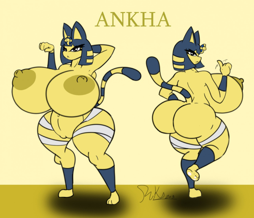 3_toes 4_fingers animal_crossing ankha_(animal_crossing) anthro areola bandage big_breasts big_butt blue_hair breasts butt domestic_cat egyptian english_text feet felid feline felis female finger_wag fingers fur genitals gesture hair half-closed_eyes huge_breasts huge_butt huge_hips huge_thighs hyper hyper_breasts hyper_butt hyper_thighs looking_at_viewer looking_back mammal narrowed_eyes nintendo nipples nude pawpads pointing pussy raised_leg riku9797 shadow signature simple_background solo standing text thick_thighs toes uraeus video_games wagging_finger wide_hips yellow_body yellow_fur