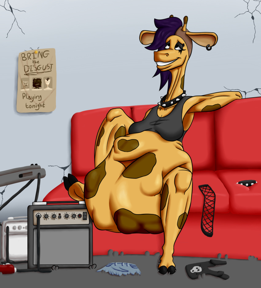 abdominal_bulge absurd_res ambiguous_gender amplifier animal_humanoid anthro anthro_pred belly big_belly brown_markings choke_collar choker clothing collar ear_piercing ear_ring female female_pred furniture giraffe giraffe_humanoid giraffid giraffid_humanoid grey_clothing grey_shirt grey_tank_top grey_topwear group half_shaved_head hi_res humanoid infiniteshades jewelry mammal mammal_humanoid markings musical_instrument necklace oral_vore piercing poster satisfied satisfied_look shirt sofa suzy_(infiniteshades) tank_top topwear vore yellow_body yellow_skin