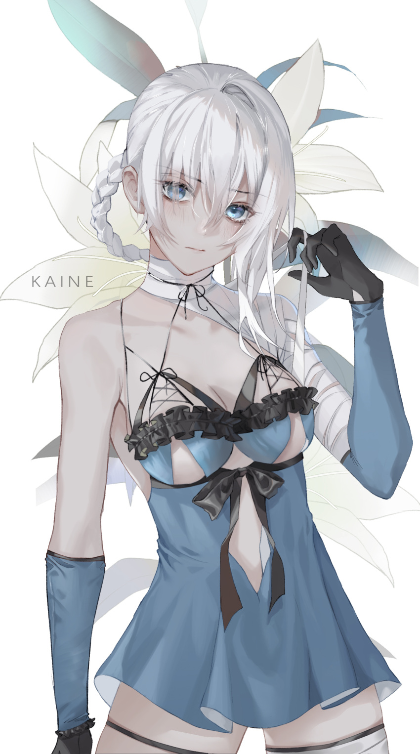 1girl at_wang bandaged_arm bandages bare_shoulders black_gloves blue_eyes breasts character_name cleavage closed_mouth cowboy_shot detached_sleeves expressionless eyebrows_visible_through_hair flower gloves hair_rings hand_up highres kaine_(nier) lingerie long_hair looking_at_viewer negligee nier nier_(series) simple_background solo thigh_strap underwear white_background white_hair white_neckwear