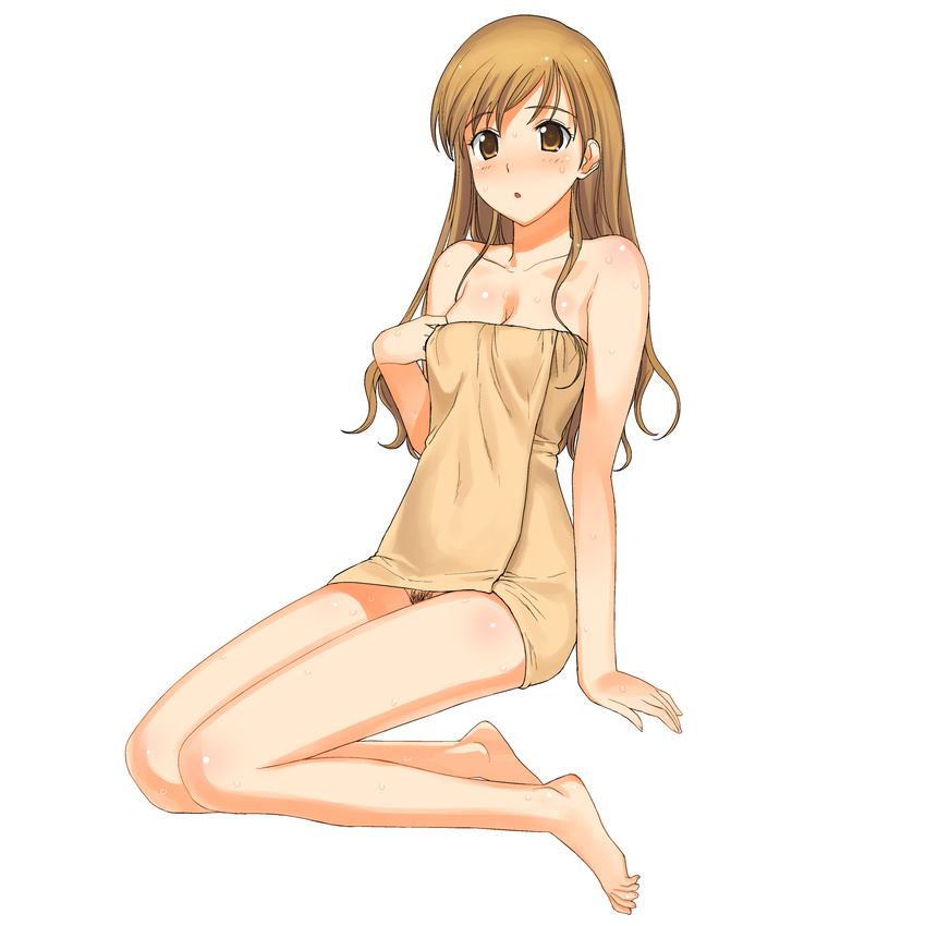 a1 absurdres bare_shoulders barefoot blush brown_hair feet highres long_hair maria-sama_ga_miteru naked_towel no_panties open_mouth orange_eyes pubic_hair pussy_peek sitting solo toes toudou_shimako towel wet