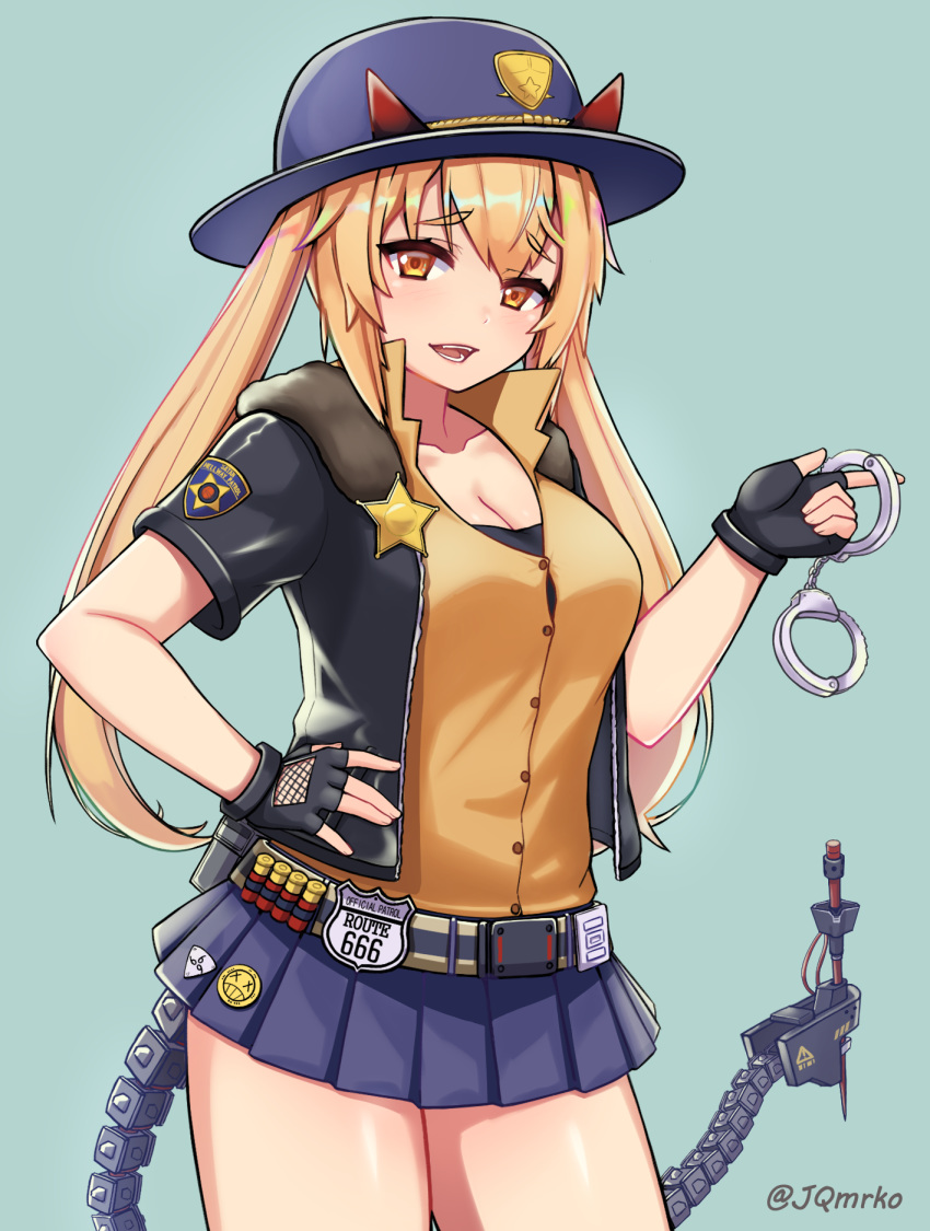 1girl :d ammunition_belt bangs belt black_gloves black_jacket black_shirt blonde_hair blue_background blue_hat blue_skirt breasts buttons cleavage collarbone collared_shirt commentary cowboy_shot cuffs dress_shirt emblem fingerless_gloves girls_frontline gloves hand_on_hip handcuffs hat highres holding holding_handcuffs horns horns_through_headwear jacket long_hair looking_at_viewer m870_(girls_frontline) manme mechanical_tail medium_breasts miniskirt open_clothes open_jacket open_mouth orange_shirt pleated_skirt shirt short_sleeves sidelocks simple_background skirt smile solo standing star tail teeth thighs twintails twitter_username undershirt yellow_eyes