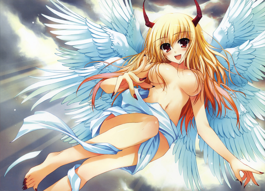 absurdres angel_wings barefoot blonde_hair blush breasts claws convenient_censoring copyright_request feet fingernails flying hair_censor hair_over_breasts hands highres horns large_breasts long_fingernails long_hair long_toenails multiple_wings nail_polish red_eyes red_nails seraph sky smile solo toenail_polish toenails tomose_shunsaku topless wings