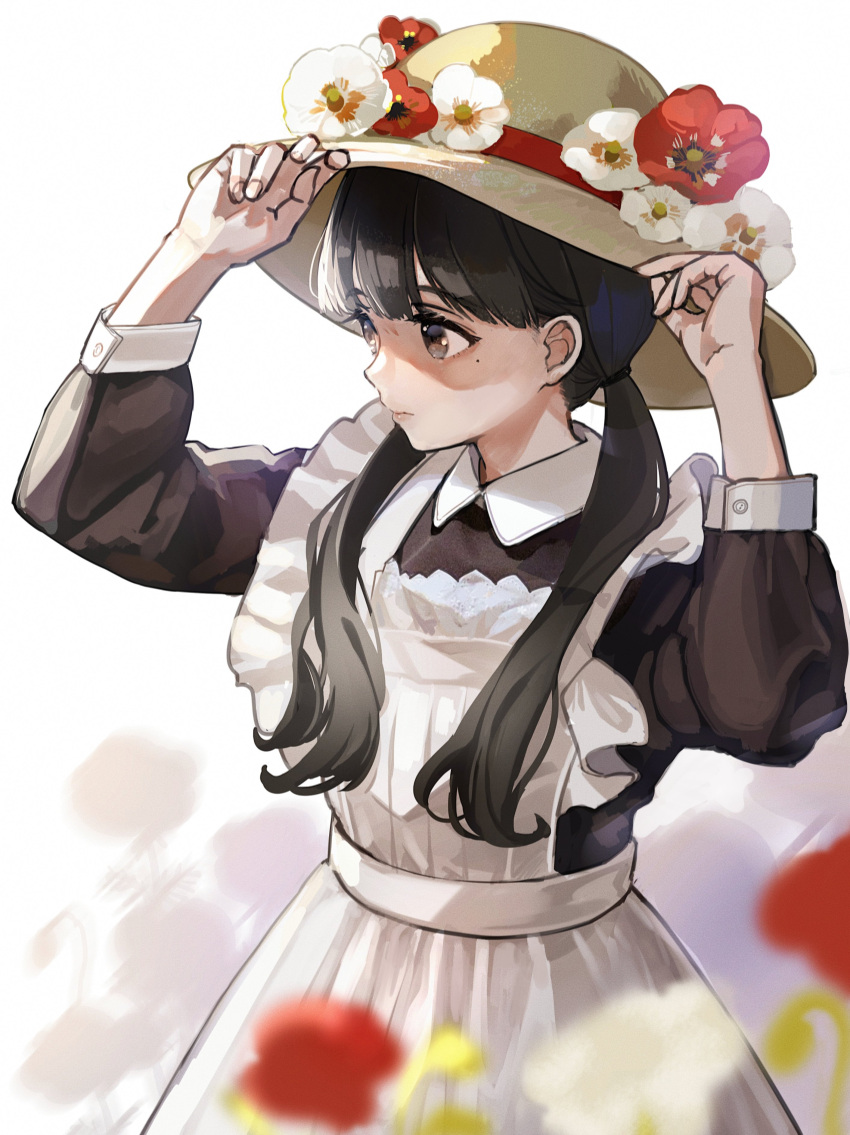 1girl absurdres adjusting_clothes adjusting_headwear apron arms_up black_hair black_shirt closed_mouth collared_shirt dress flower hands_up hat highres kashiwagi_chisame long_hair long_sleeves maid maid_apron mole mole_under_eye original poppy_(flower) purple_eyes red_flower shirt simple_background solo sun_hat twintails white_apron white_background white_dress white_flower