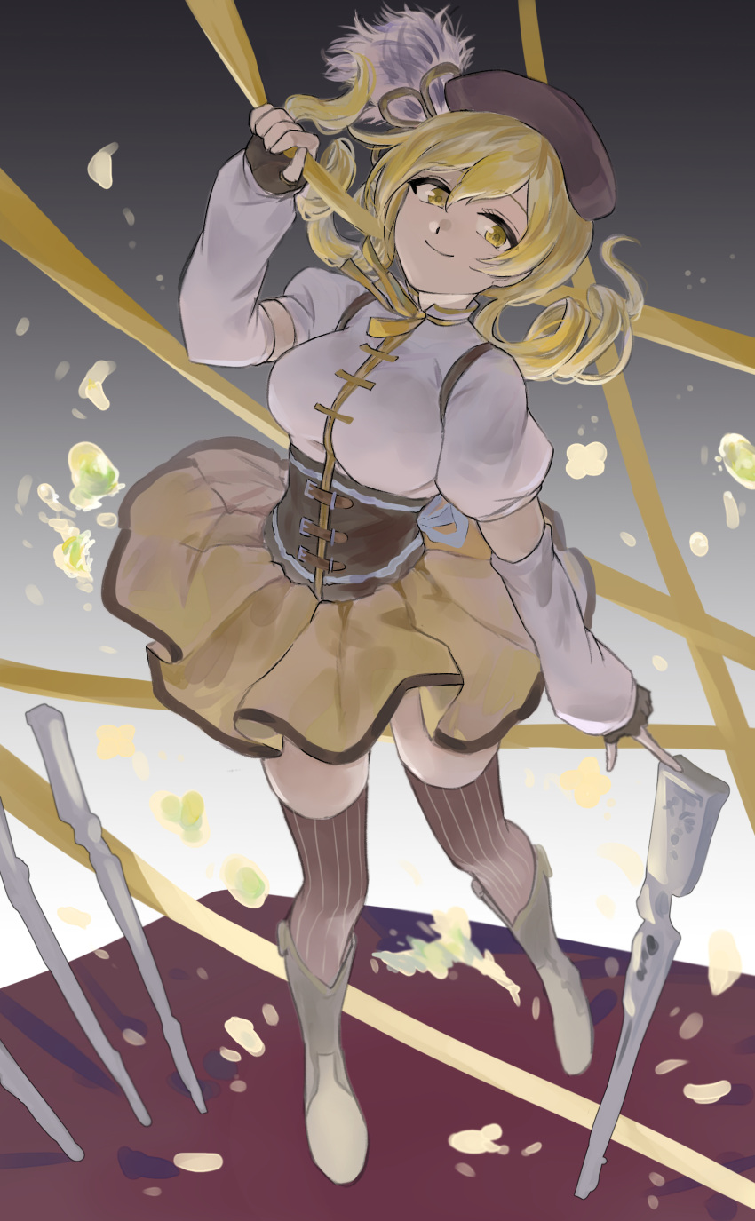 1girl absurdres beret blonde_hair boots breasts brown_corset brown_footwear brown_gloves brown_headwear brown_legwear closed_mouth corset detached_sleeves drill_hair gloves gun hand_up hat highres knee_boots long_sleeves looking_at_viewer mahou_shoujo_madoka_magica medium_breasts neck_ribbon puffy_short_sleeves puffy_sleeves ribbon short_sleeves skirt smile solo striped striped_legwear tanmei_(syoganaina) thighhighs tomoe_mami twin_drills weapon yellow_eyes yellow_ribbon yellow_skirt zettai_ryouiki