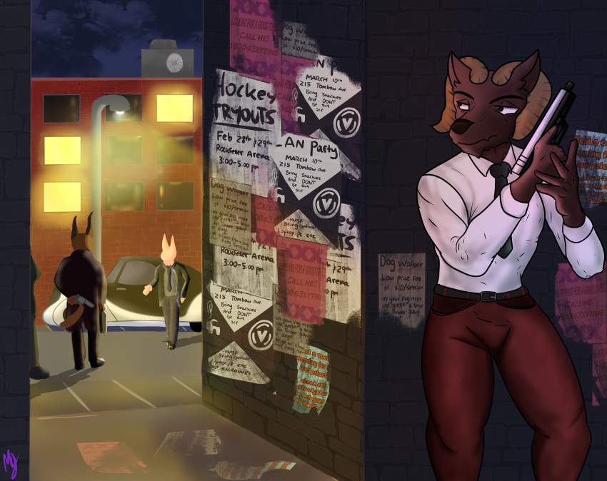 absurd_res alley anthro assassin big_floppa bingus black_body canid canine canis city cityscape clothed clothing detailed_background ehru_(sligarthetiger) flyer_(pamphlet) frostyphox group gun hi_res hiding hybrid male mammal night pamphlet ranged_weapon serious shirt solo suit topwear vehicle weapon white_clothing white_shirt white_topwear wolf