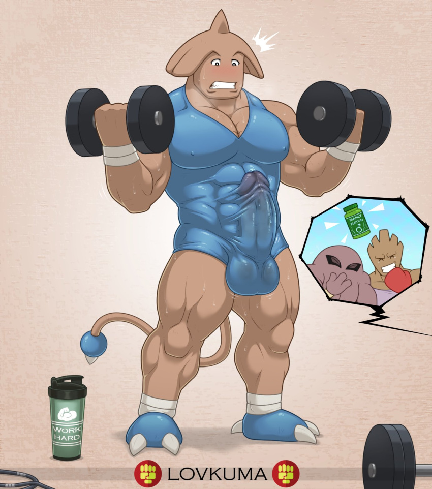 2021 3_toes abs athletic athletic_humanoid athletic_male balls big_penis blue_clothing blush bodily_fluids bottle boxing_gloves brown_background clothed clothing dumbbell erection erection_under_clothing exercise eyes_closed feet fist genitals group handwear head_spikes hi_res hitmonchan hitmonlee hitmontop humanoid humanoid_genitalia humanoid_penis jump_rope laugh long_tail lovkuma male mars_symbol mouthless nintendo nipples off_screen_character pecs penis pok&eacute;mon pok&eacute;mon_(species) prehensile_tail protein protein_shake rubber rubber_suit signature simple_background smile solo solo_focus spikes spikes_(anatomy) sweat text thick_thighs toes training unitard unwanted_erection video_games weightlifting weights workout wraps wrist_wraps wristband