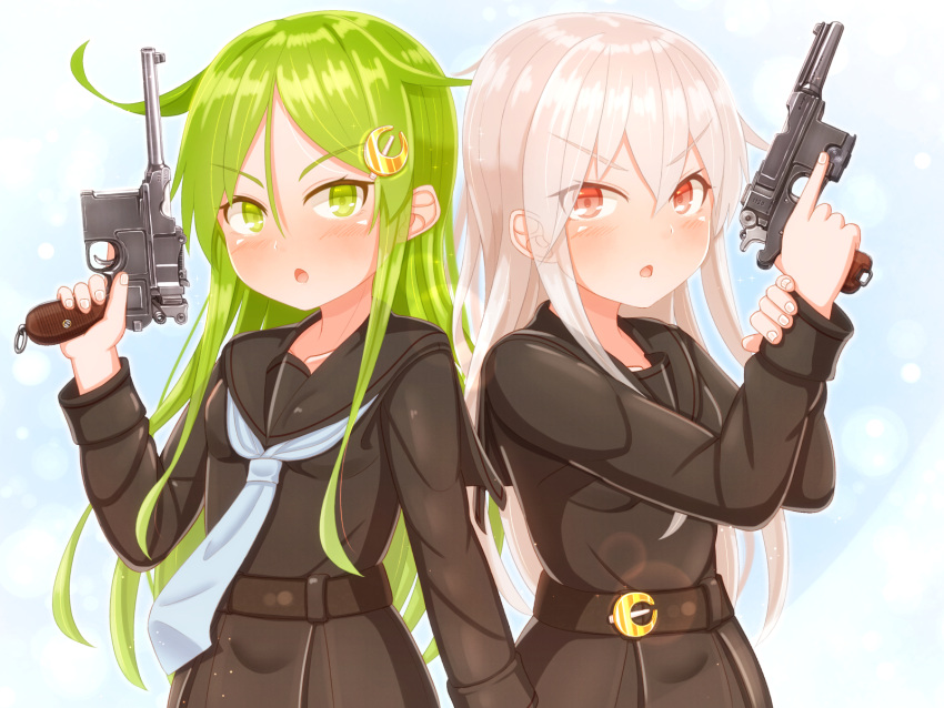 2girls :o bangs black_sailor_collar black_serafuku black_skirt blue_neckwear blush crescent crescent_hair_ornament eyebrows_visible_through_hair green_eyes green_hair gun hair_between_eyes hair_ornament handgun highres holding holding_gun holding_weapon kantai_collection kikuzuki_(kancolle) long_hair long_sleeves multiple_girls nagatsuki_(kancolle) neckerchief open_mouth red_eyes sailor_collar school_uniform serafuku simple_background skirt suzushiro_(gripen39) upper_body weapon weapon_request white_hair