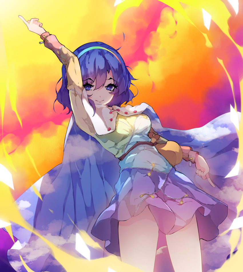 1girl blue_eyes blue_hair breasts cape chiroru_(cheese-roll) cloud dawn eyebrows_visible_through_hair hairband highres looking_at_viewer looking_down medium_breasts medium_hair multicolored multicolored_clothes pointing pointing_down pointing_up pouch red_button sky_print tenkyuu_chimata touhou unconnected_marketeers